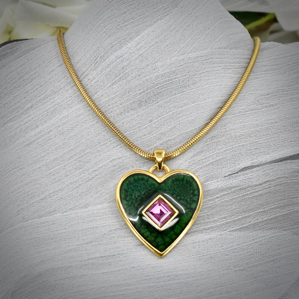 Vintage Yves Saint Laurent YSL Green Enamel Heart Pendant Necklace Sunburst Gold